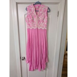 Neeru‎ Kumar Pink Lace Pearl Embellished Sleeveless Maxi Dress medium vintage